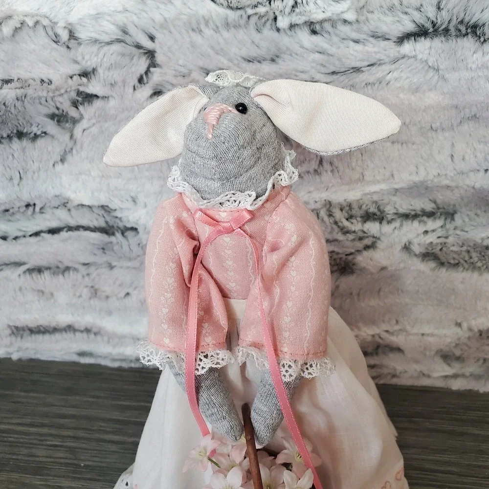Decorative Country Bunny In Dress Apron Hokding‎ Basket Of Flowers